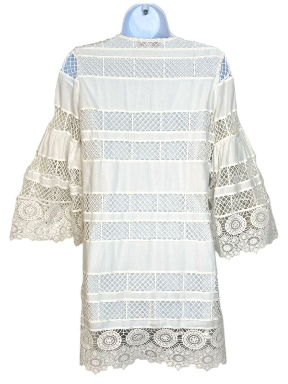Alexis Lace Mini Dess Boho Bell Sleeve Striped Shift Ivory White  XS - Picture 9 of 11